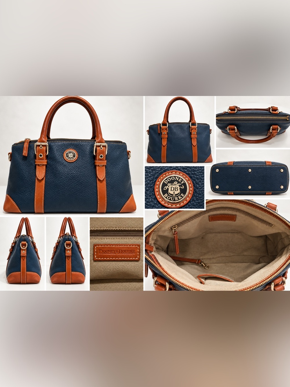 Dooney & Bourke Navy Blue Pebbled Leather Satchel Brown Trim Handbag